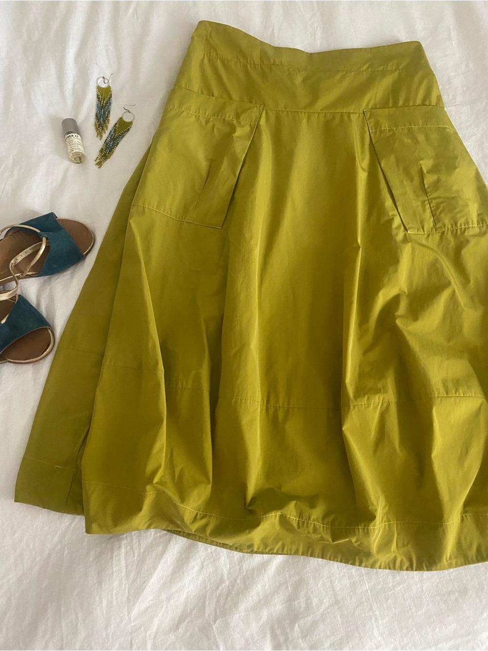 Sun Kim Olive / Chartreuse Green A-Line Midi Women's Skirt